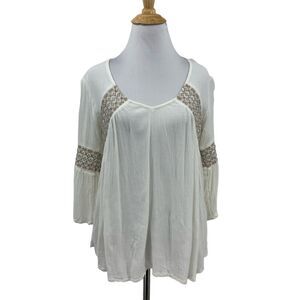 O Neill Blouse Womens XS Extra Small Ivory Semi Sheer Embroidered Bell Sleeve